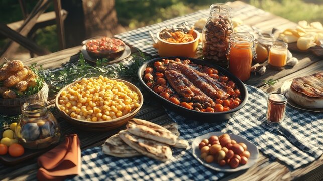 Mesa com comidas t&Atilde;&shy;picas de Festa Junina, incluindo milho cozido, p&Atilde;&copy; de moleque, pipoca e canjica, dispostas sobre tecido r&Atilde;&ordm;stico