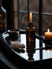Mystical Scene with Brown Bottle, Feather, and Candle Light

