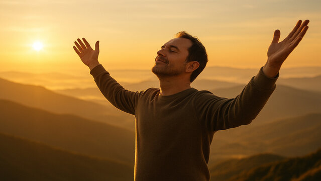 Homem orando ao nascer do sol em uma montanha, com os bra&ccedil;os erguidos, express&atilde;o de paz e gratid&atilde;o, luz dourada suave