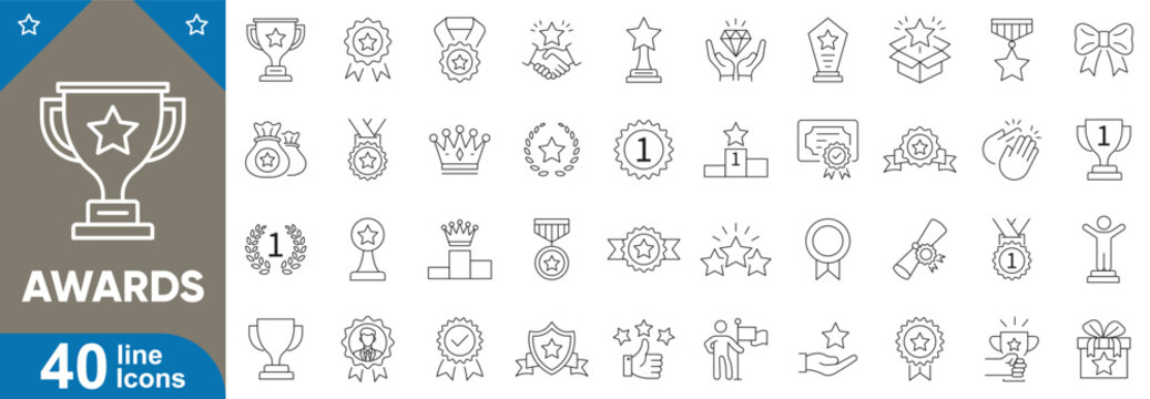 Set of 40 line icons related to awards, trophy, achievement, medal, certificate, badge, recognition, ribbon, winner, star, crown and more. Editable stroke vector illustration. 