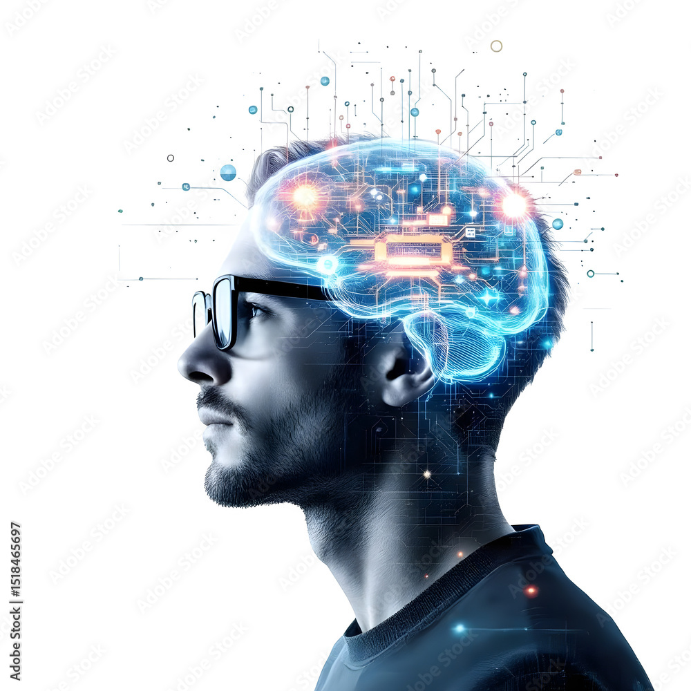 Poster man with glasses and glowing brain circuitry overlay against a black background profile view