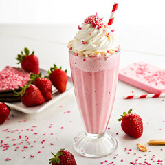 Delicious Strawberry Milkshake with Whipped Cream and Sprinkles isolated on white background