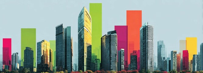 Sleek  design showcasing modern skyscrapers with vibrant green and purple patterns