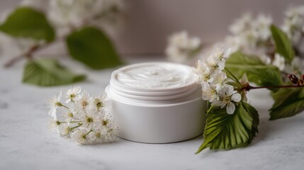 Close-up of an open jar of white face cream surrounded by fresh white flowers and green leaves on a light background for skincare or beauty product display