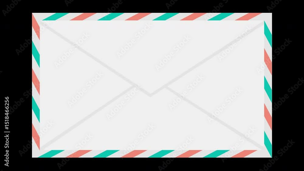 Poster animation of a white envelope with striped edges floating on a transparent background