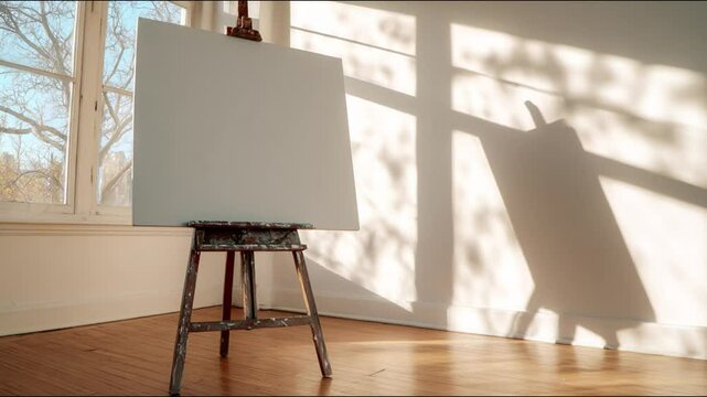 A blank white canvas on an easel standing in a sunlit room.