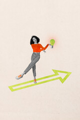 Fototapeta premium Picture art collage of person stand arrows with little bulb on pastel background