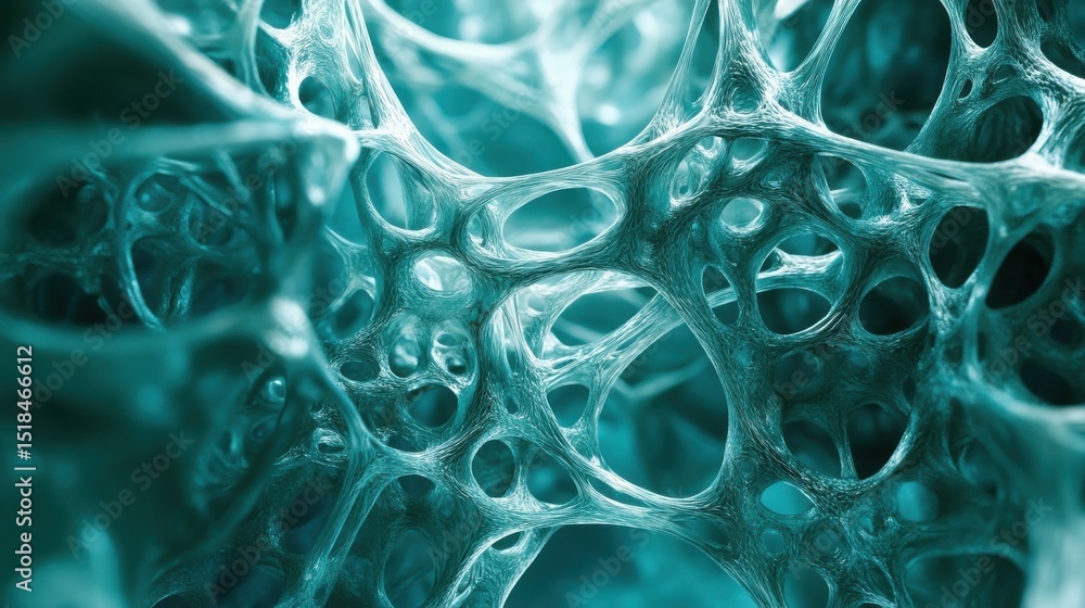 Poster abstract teal network mesh, interconnected nodes and lines forming a complex structure.