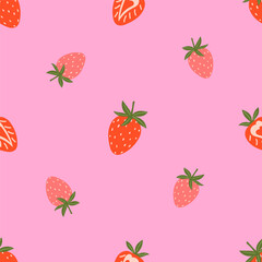 Seamless patterns with strawberry on pink backgrounds vector. Cute fruit print.