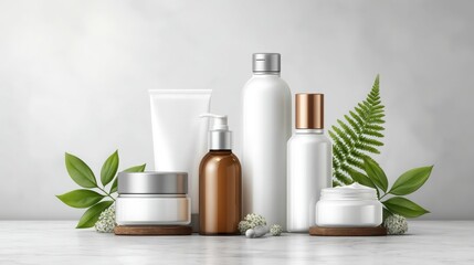 Elegant collection of skincare products including bottles jars and containers arranged with green leaves and fern on a light grey background emphasizing beauty and wellness