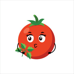 Tomato kawaii character holding parsley in cute cartoon style, flat isolated vegetable illustration perfect for healthy food design, kid print, sticker set, emoji, farming or kitchen label use