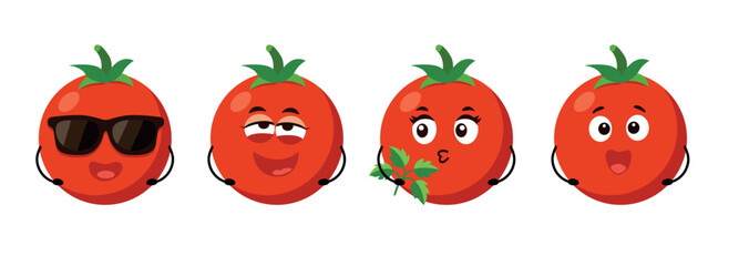 Tomato emoji character set with funny, flirty, surprised, and cool expressions — isolated vegetable illustration for kids, food designs, emoji pack, culinary blog, printable stickers