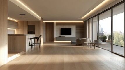 Beige oak floor and light wall for room background design The concept of a mockup of empty space in an apartment Free space for copy