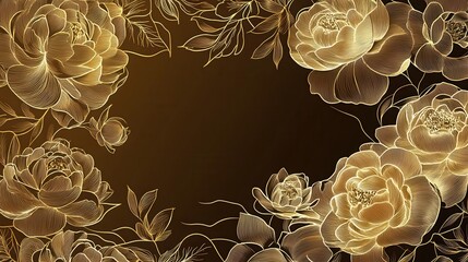 Luxury gold floral background vector. Golden gradient Roses and peonies flower line art wallpaper design for prints, cover, wall arts, greeting card, wedding cards, invitation. illustration , no logo
