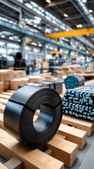 Obraz premium Black painted steel strips stacked on a table, ready for processing in automotive manufacturing at a factory