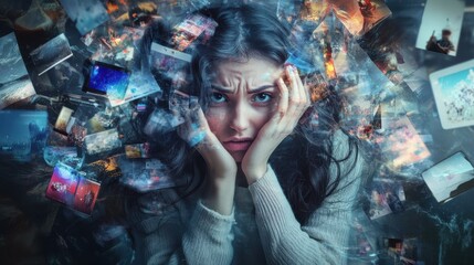 Emotional woman surrounded by chaotic digital images representing overwhelming online information and social media interactions in a surreal perspective