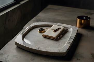 Luxury Flat Lay with Notebook, Pen, Ring on Marble Tray
