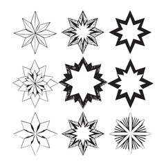 Nine unique black and white starburst designs