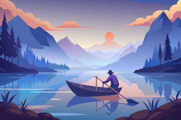 Man in a boat on a lake at dawn, mist over the water, still surface, complete silence