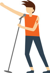 Young male singer with a striking lightning tattoo on his arm, passionately holding a microphone and raising an arm while captivating the audience during an electrifying stage performance