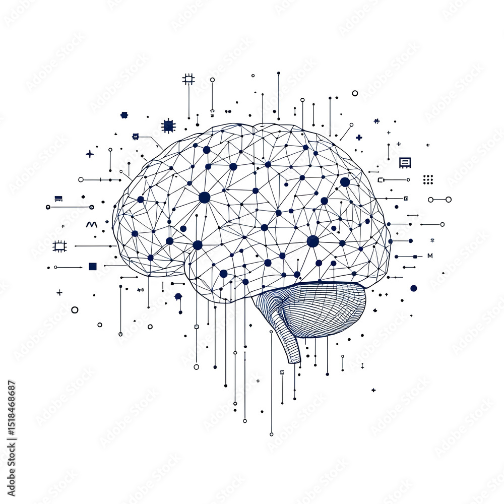 Aufkleber illustration of a brain with a network of connections and circuit board elements on black background