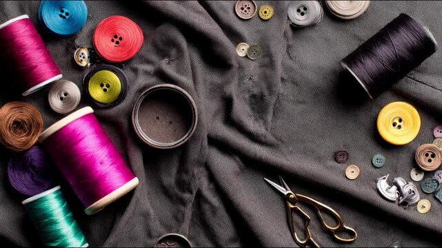 Colorful sewing supplies arranged on a gray fabric surface.