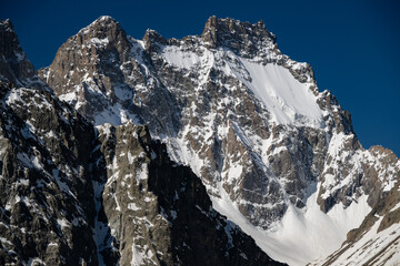 Glacier capped Mont Pelvoux in the Ecrins Mountains in the French Alps