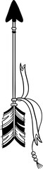 Stylized arrow adorned with feathers and beads, pointing upwards in a hand drawn vector illustration, perfect for use in logos, tattoos, or as a decorative design element