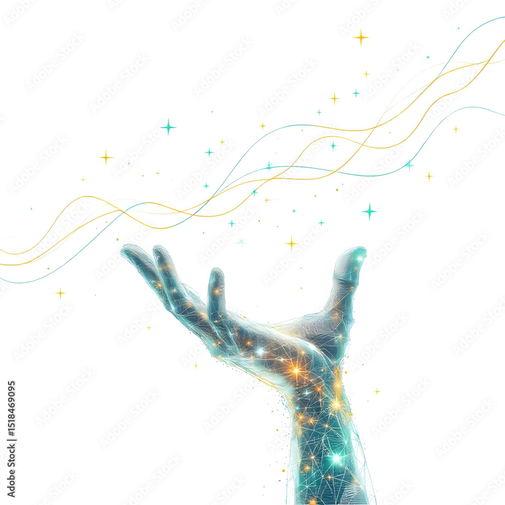 Poster a glowing hand reaching up towards a pixelated line graph on a black isolated background in a digita