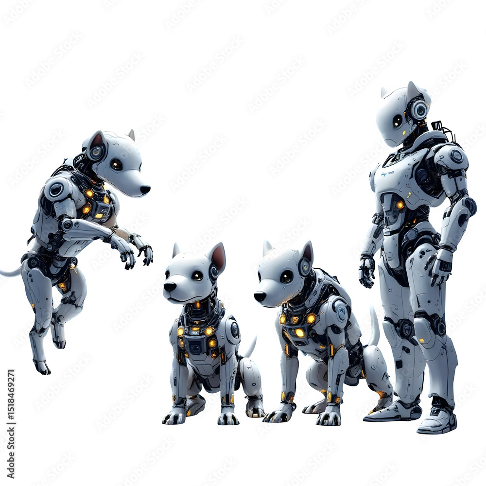 Poster a group of four white robotic dogs and a robot standing on a black background in a studio setting