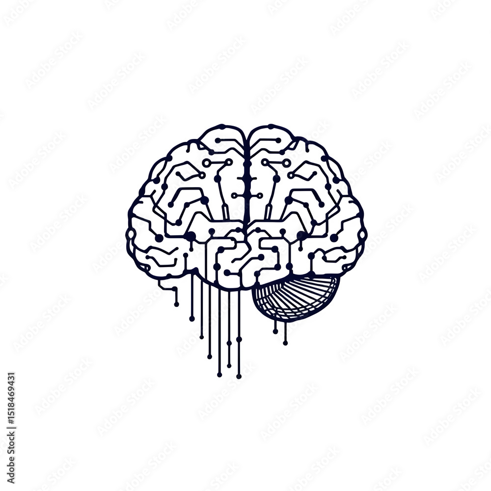 Aufkleber a digital brain illustration with circuit patterns on a black background in a minimalist style