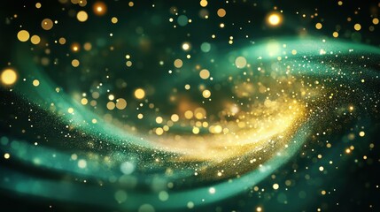 Obraz premium A glowing green and gold swirl of light particles, creating a festive tone