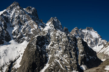 Glacier capped Mont Pelvoux in the Ecrins Mountains in the French Alps	