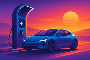 Futuristic EV Charging Station at Sunset – Modern Tech Illustration

