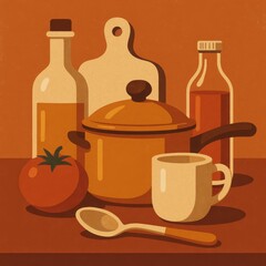Vintage Kitchen Still Life – Retro Poster Style Illustration

