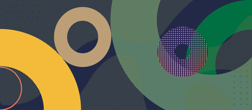 Playful Abstract Design with Overlapping Circles and Ovals in Mustard Yellow, Terracotta, Dark Navy, Teal Green, and Dusty Rose, Featuring Dotted and Striped Patterns for Geometric Depth