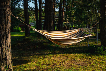 Striped hammock swaying gently between two trees in a shady garden, creating a serene spot for relaxation and leisure on a sunny summer afternoon, inviting moments of peace and comfort