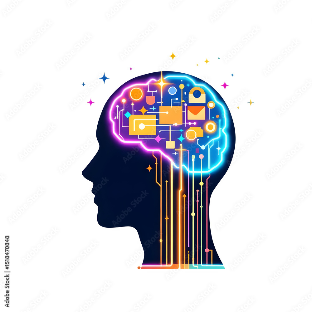 Poster profile of head with glowing brain filled with shapes and lines on a black background with stars