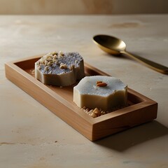 Artisanal Soap Bars on Wooden Tray with Gold Spoon
