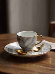 Elegant Coffee Cup with Gold Rim and Spoon on Marble Plate
