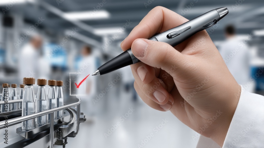Poster quality control process is highlighted as a hand marks a check on a virtual screen while overseeing 