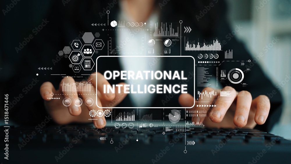 Aufkleber business professional using a keyboard with digital graphics representing operational intelligence a