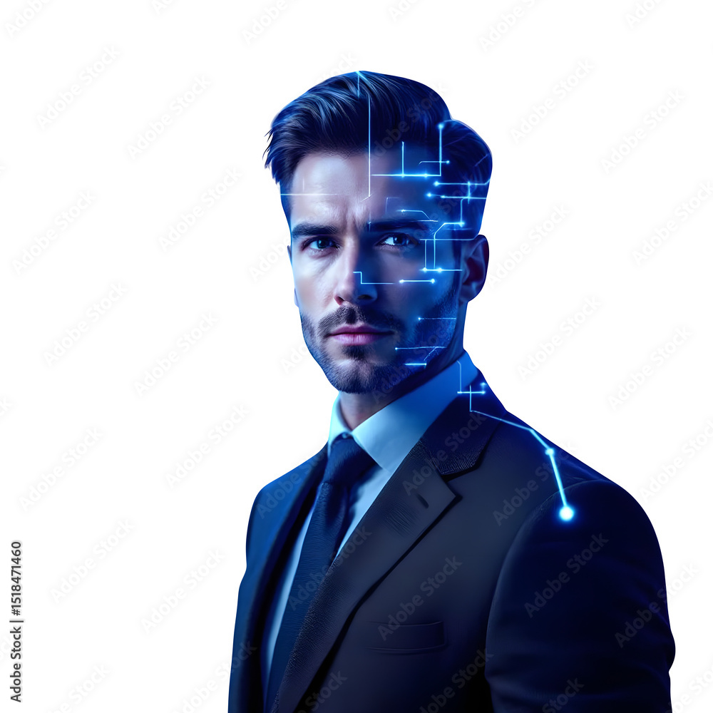 Poster man in suit with digital interface overlay against a black background looking at the viewer