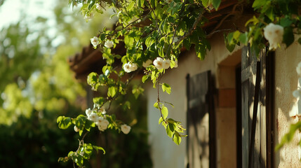 Blooming white flowers dangle from green branches beside rustic cottage in bright sunlight