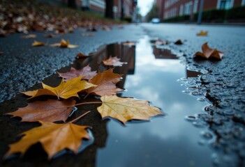 Autumn leaves and puddles on a wet street create a reflective and moody scene