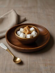 Sugar Cubes and Butter on Wooden Bowl and Plate
