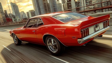 Obraz premium Red classic car drives fast on city bridge
