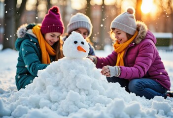 Three children building a snowman outdoors during winter sunset