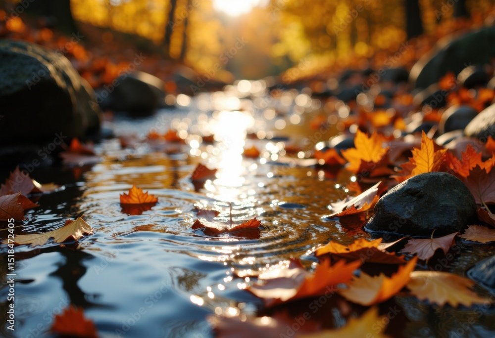 Poster autumn leaves float on a gentle stream surrounded by colorful trees in fall