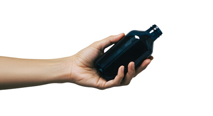 hand holding a dark blue glass bottle isolated PNG on transparent background 